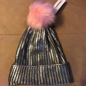 Adrienne Landau Metallic Silver Pom Hat $120 New